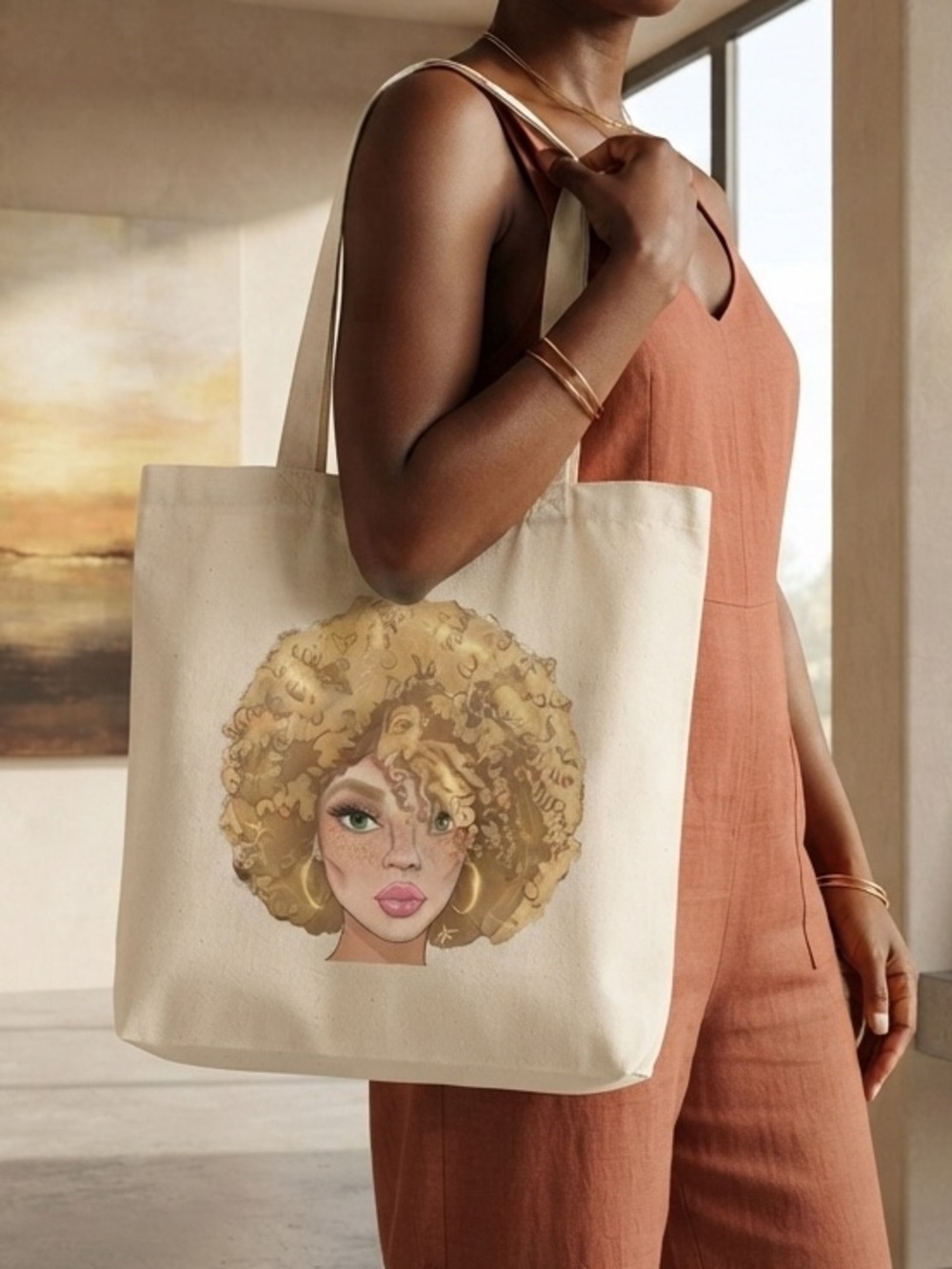 “Borrowed Sun” Cream Canvas Tote Bag with Blonde Art Print